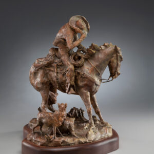 Cowboy horse and dogs caught in dust storm, Limited Bronze Sculpture, Mapes