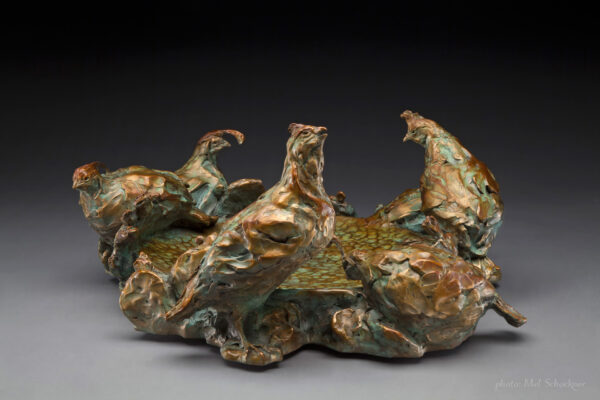 Six quail varieties around platter bird-bath, Limited Edition Bronze Sculpture, Jan Mapes